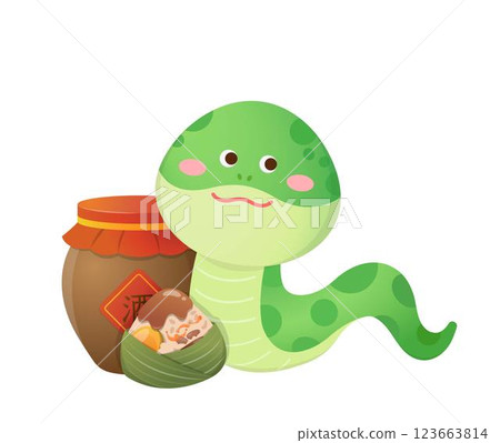 綠色斑點俏皮的蛇與酒桶與中國傳統食物糯米,插畫或圖標 綠色斑點俏皮的蛇與酒桶與中國傳統食物糯米,插畫或圖標 123663814