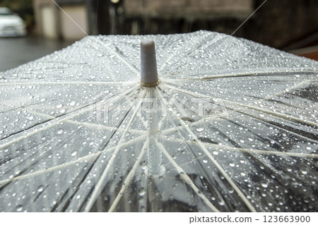 The surface of a vinyl umbrella wet with rain 123663900
