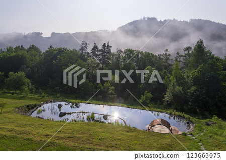 Pretty wooden pier at natural swimming pond or pool - NSP - purifying water without chemicals through biological filters and plants 123663975