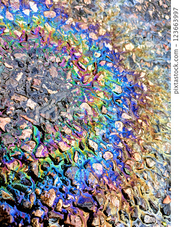 Oil Petrol Pollution Metallic  Rainbow Gasoline Leak on Pavement 123663997