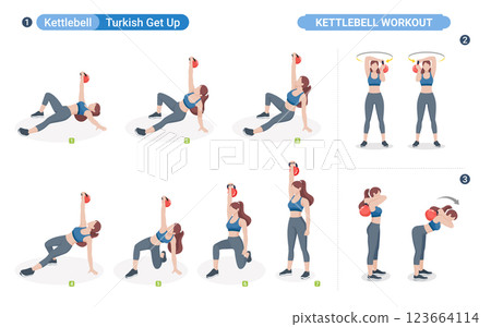 Kettlebell exercise workouts turkish get up for women vector illustration. 123664114