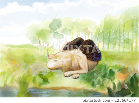 想像中的動物：一隻長著翅膀的狗在白天的森林裡睡覺 123664177