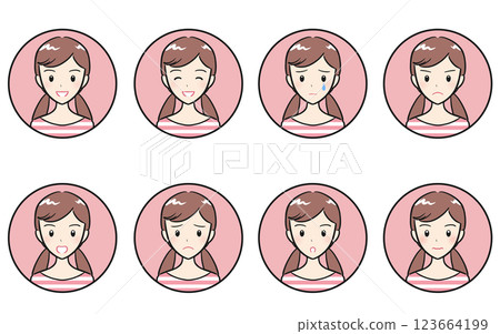 各種小學生女孩情緒表達的圖標集,粉紅色 各種小學生女孩情緒表達的圖標集,粉紅色 123664199