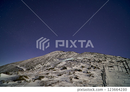 Shooting stars in blue sky over snowy mountain peaks, majestic landscape 123664280