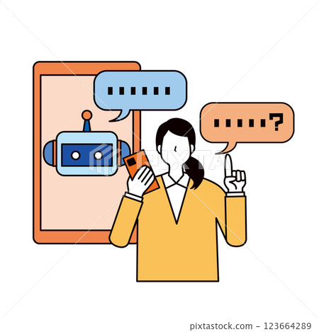 Woman asking a question to artificial intelligence Woman asking a question to artificial intelligence 123664289