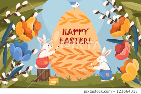 Vector greeting card or banner with bunnies for Easter holiday. Cartoon festive image. Happy Easter text. Rabbit characters painting Easter egg. Spring fest. Hand drawn invitation. Floral postcard. 123664315