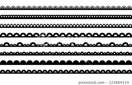Lace scallop on fabric edge. Pattern border for frame. Ornamental line for wedding invitation design. Collection of black vector elements isolated on white background. 123664319