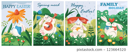 Set of banners with cartoon rabbits for Easter holiday. Vector flyers or greeting card collection. Happy Easter bunnies the symbols of spring fest. Hand drawn invitations, postcard or painted images. 123664320