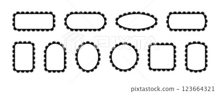 Frames along the edge with scallop pattern. Lace borders in square, rectangle and oval shapes. Vector collection of ornaments isolated on white background. 123664321