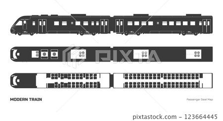 Black silhouette of modern train passenger seat map. Locomotive model top and side view. Rail transport interior scheme. Isolated express template Black silhouette of modern train passenger seat map. Locomotive model top and side view. Rail transport interior scheme. Isolated express template 123664445