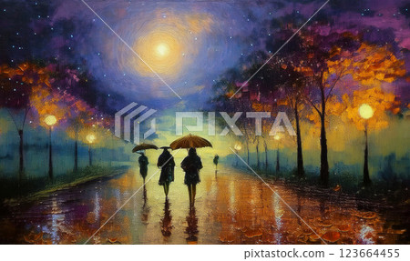 Fantastic scenery and people walking in the rain Fantastic scenery and people walking in the rain 123664455