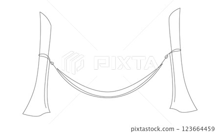 Hammock hung on trees continuous one line drawing. Relax concept minimalist style single line design. Vector illustration, editable stroke. Hammock hung on trees continuous one line drawing. Relax concept minimalist style single line design. Vector illustration, editable stroke. 123664459