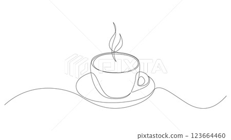 Cup of coffee or tea continuous one line drawing. Hot drink with steam minimalist style single line design. Vector illustration, editable stroke. Cup of coffee or tea continuous one line drawing. Hot drink with steam minimalist style single line design. Vector illustration, editable stroke. 123664460