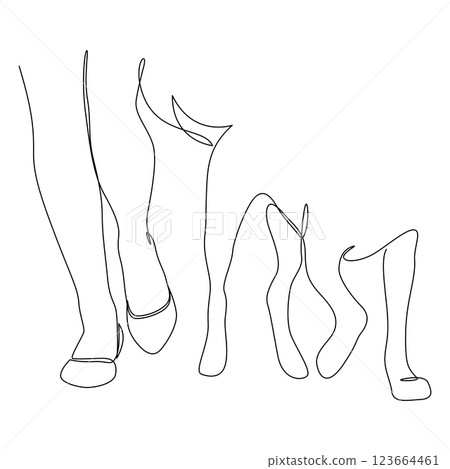Woman and dog walking continuous line drawing. Female legs with low-heeled shoes and dog paws one line art. Minimalist style single line design, vector illustration, editable stroke. Woman and dog walking continuous line drawing. Female legs with low-heeled shoes and dog paws one line art. Minimalist style single line design, vector illustration, editable stroke. 123664461