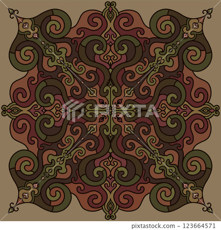 Vector illustration of a symmetrical ethnic composition with traditional nomadic ornaments 123664571