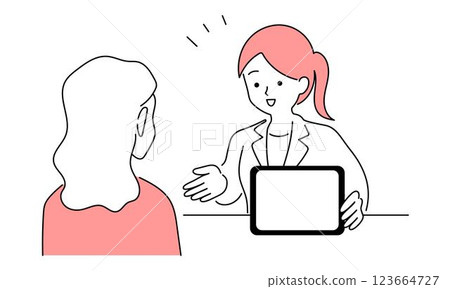 Illustration of a woman talking while looking at a tablet 123664727