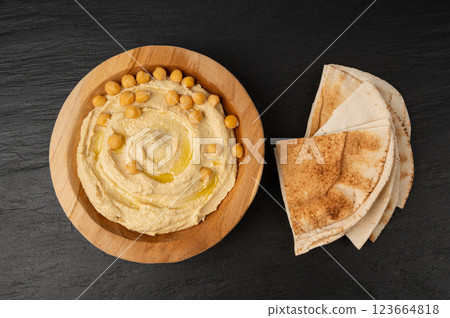 Hummus in bowl, houmous dip, chickpea humus tahini sauce, middle eastern spread Hummus in bowl, houmous dip, chickpea humus tahini sauce, middle eastern spread 123664818