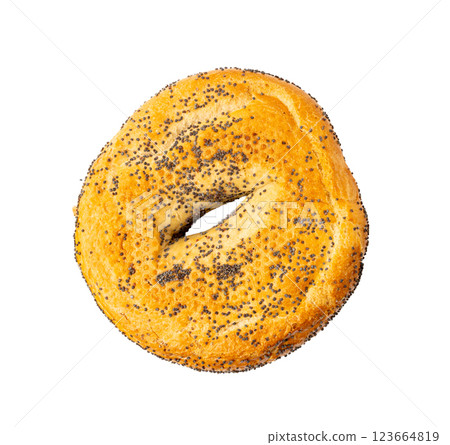 Poppy Seed Bagel Isolated, One Round Bread Bun, Poppyseed Wheat Bakery for Breakfast Poppy Seed Bagel Isolated, One Round Bread Bun, Poppyseed Wheat Bakery for Breakfast 123664819
