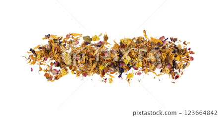 Dried edible flowers mix, Helichrysum arenarium, dwarf everlast, medical herb tea pile isolated Dried edible flowers mix, Helichrysum arenarium, dwarf everlast, medical herb tea pile isolated 123664842
