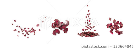 Falling Dry beetroot pile isolated. Flying Dried diced red beet cubes, scattered small beet root 123664845