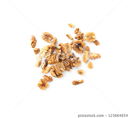 Chopped wallnut , broken roasted walnuts powder, heap of nuts crumbs, whole kernel pieces Chopped wallnut , broken roasted walnuts powder, heap of nuts crumbs, whole kernel pieces 123664854