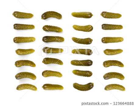 Gherkins isolated, pickled small cucumbers, tiny fermented food, little marinated canned vegetables Gherkins isolated, pickled small cucumbers, tiny fermented food, little marinated canned vegetables 123664888