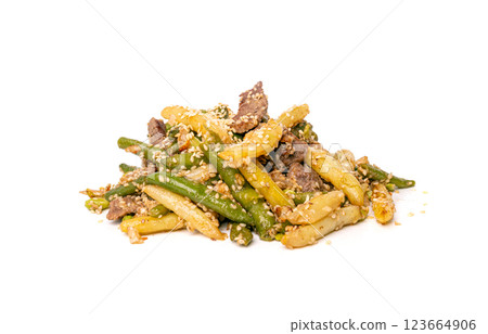 Stir Frying Beef with Green String Beans Isolated, Fried French Beans with Meat on White Stir Frying Beef with Green String Beans Isolated, Fried French Beans with Meat on White 123664906