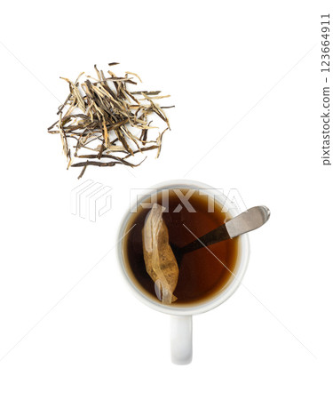 White Tea Leaves Isolated, High Quality Silk Tea Pile, Dry Organic Silver Needle Tea Leaves, Dian Hong tea 123664911
