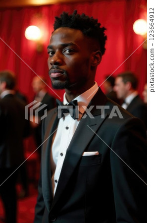 portrait of a handsome young African-American man in a black tuxedo and bow tie, red theater interior on a blurred background, prestigious film award 123664912