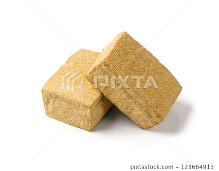 Tofu Cheese Isolated, Smoked Vegan Cheese Slice, Sliced Soya Bean Curd, Soy Protein or TSP 123664913