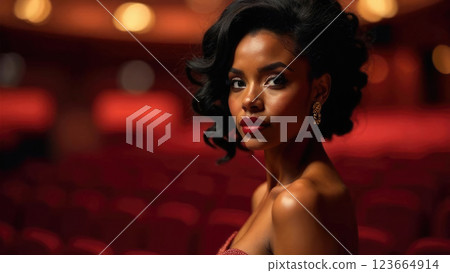 portrait of a beautiful adult African-American woman in an off-the-shoulder red evening dress, elegant hairstyle with curly hair, curls, red theater interior on a blurred background 123664914
