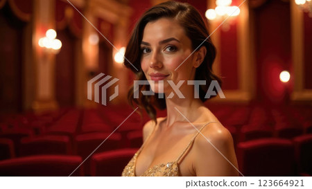 portrait of a beautiful adult smiling brunette woman in an off-the-shoulder beige evening dress, elegant hairstyle with curls, red theater interior on a blurred background 123664921