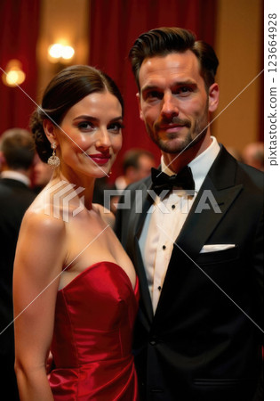 a couple in elegant evening dresses, a woman in a red dress, men in a tuxedo and bow tie, the red interior of a theater on a blurred background, a prestigious film award 123664928