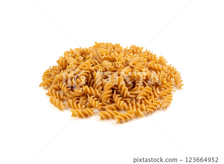 Raw Brown Pasta, Wholegrain Fusilli, Dry Whole Grain Noodle, Raw Spelt Macaroni, Healthy Italy Food Raw Brown Pasta, Wholegrain Fusilli, Dry Whole Grain Noodle, Raw Spelt Macaroni, Healthy Italy Food 123664952