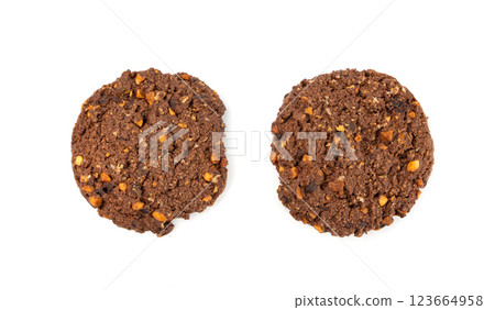 Chocolate oatmeal cookies, healthy cereal oat crackers with nuts, crispy homemade cookie with cocoa powder Chocolate oatmeal cookies, healthy cereal oat crackers with nuts, crispy homemade cookie with cocoa powder 123664958