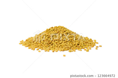 Fenugreek Seeds Isolated, Dry Trigonella, Spicy Methi Dana Grains, Indian Kitchen Seasoning Ingredient 123664972