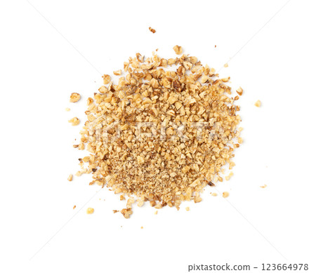 Grated wallnut , broken roasted walnuts, heap of nuts crumbs, whole kernel pieces, fractions Grated wallnut , broken roasted walnuts, heap of nuts crumbs, whole kernel pieces, fractions 123664978