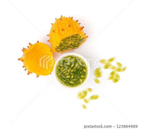 Kiwano seeds isolated, jelly melon, cucumis metuliferus, horned melon, african horned cucumber 123664989