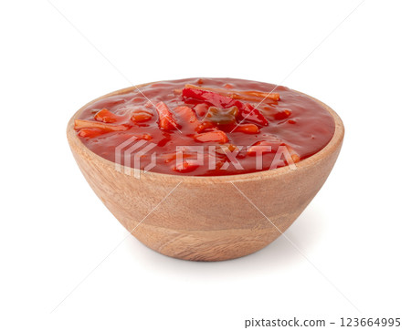 Tomato sauce with vegetables isolated, red sweet and sour pasta marinara sauce, mexican dip smear 123664995