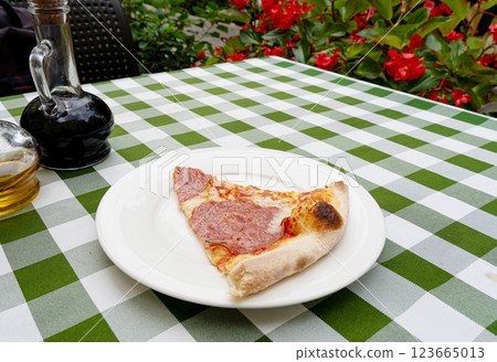 Pepperoni Pizza on Restaurant Plate, Salami Pizza with Olives, Tomatoes and Mozzarella Cheese Pepperoni Pizza on Restaurant Plate, Salami Pizza with Olives, Tomatoes and Mozzarella Cheese 123665013