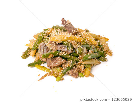 Stir Frying Beef with Green String Beans Isolated, Fried French Beans with Meat on White 123665029