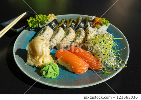 Sushi Plate, Fish Maki Rolls, Japan Seafood, Sushi Set, Asian Dinner, Tradition Nigiri Susi 123665030