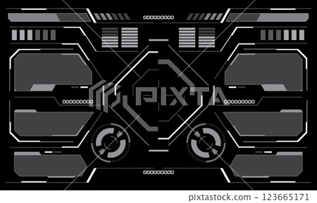 HUD sci-fi interface screen view white circular geometric design virtual futuristic technology creative display on black vector 123665171