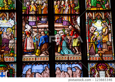 Stained glasses of the cathedral, Josselin, France Stained glasses of the cathedral, Josselin, France 123665346