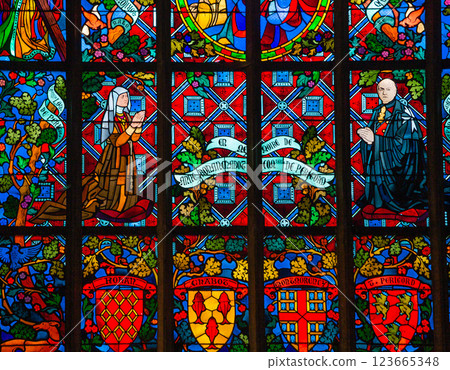 Stained glasses of the cathedral, Josselin, France 123665348
