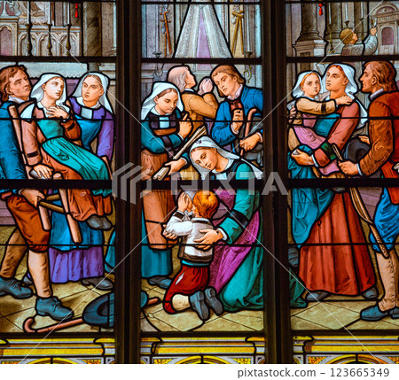 Stained glasses of the cathedral, Josselin, France 123665349