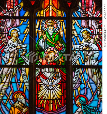 Stained glasses of the cathedral, Josselin, France 123665368