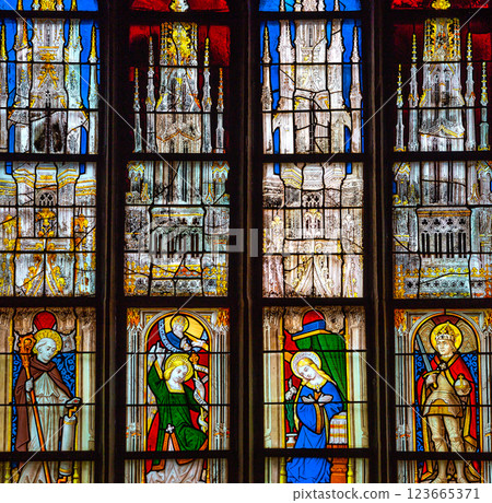 Stained glasses of the cathedral, Josselin, France Stained glasses of the cathedral, Josselin, France 123665371