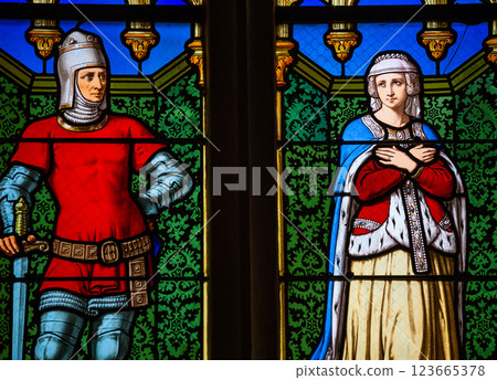 Stained glasses of the cathedral, Josselin, France Stained glasses of the cathedral, Josselin, France 123665378