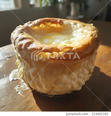 Morning Delight: Egg Souffle on a Rustic Table 123665392